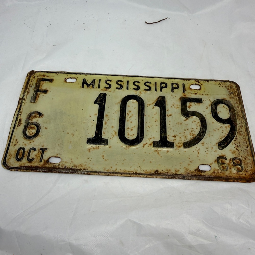 Vintage 1968 Mississippi License Plate 10159 Yellow Black Embossed Metal Decor